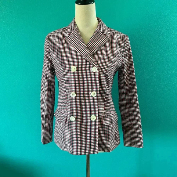 J. Crew Double Breasted Blazer Red White Blue Gingham Career Office Size 2 - Picture 3 of 7